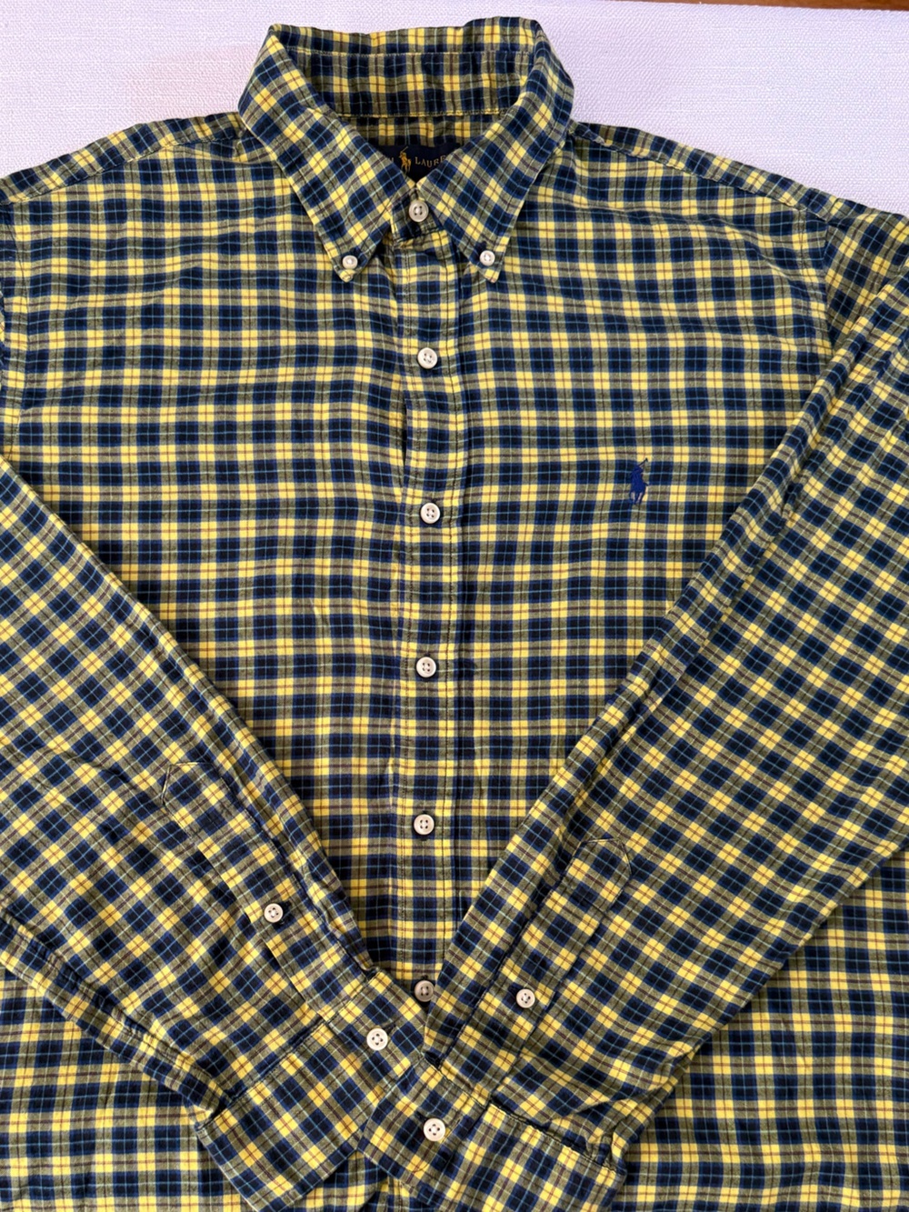 Ralph Lauren Men's Navy Yellow Plaid Cotton Flannel Long Sleeve Pony Shirt Sz XL